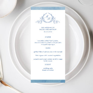 Menu Elégant Monogramme classique Aquarelle bleue, Mari