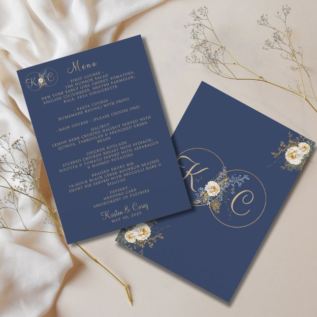 Menu Élégant Monogramme d'or moderne Mariage bleu marin (Créateur téléchargé)