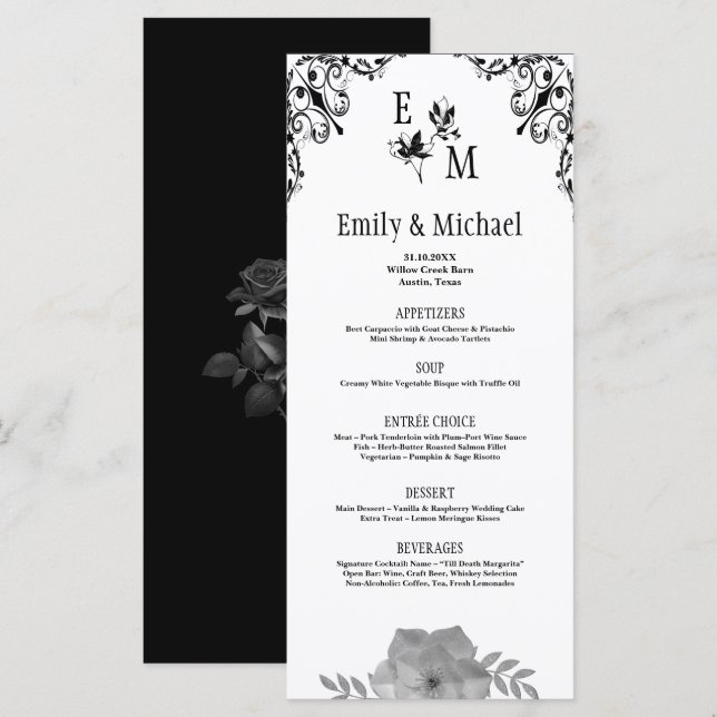 Menu Élégant Monogramme Floral Mariage orné (Devant / Derrière)