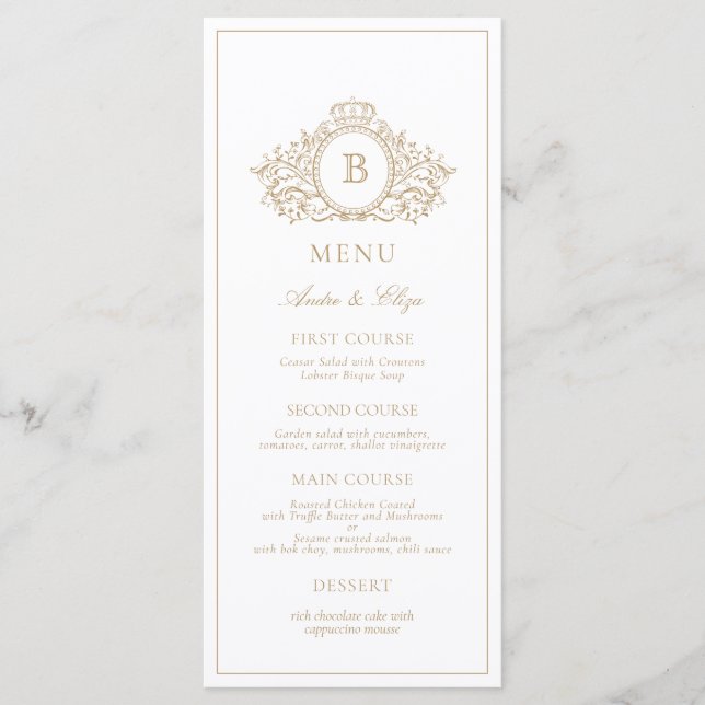 Menu Élégant Monogramme Gold Crest Mariage personnalisé (Devant)