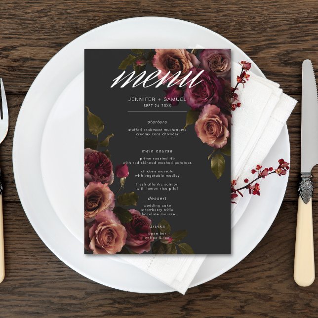 Menu Elégant Moody Muted Rust & Burgundy Floral Mariage (Elegant Moody Muted Rust & Burgundy Floral Wedding Menu)