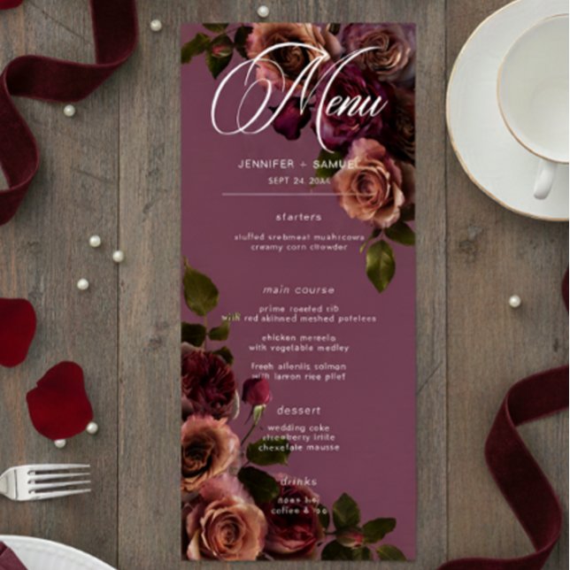 Menu Elegant Moody Soft Rust & Burgundy Floral Wedding (Créateur téléchargé)