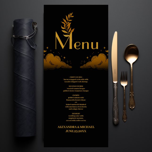 Menu Élégant mystique nuages d'or noir Mariage de lune (Créateur téléchargé)