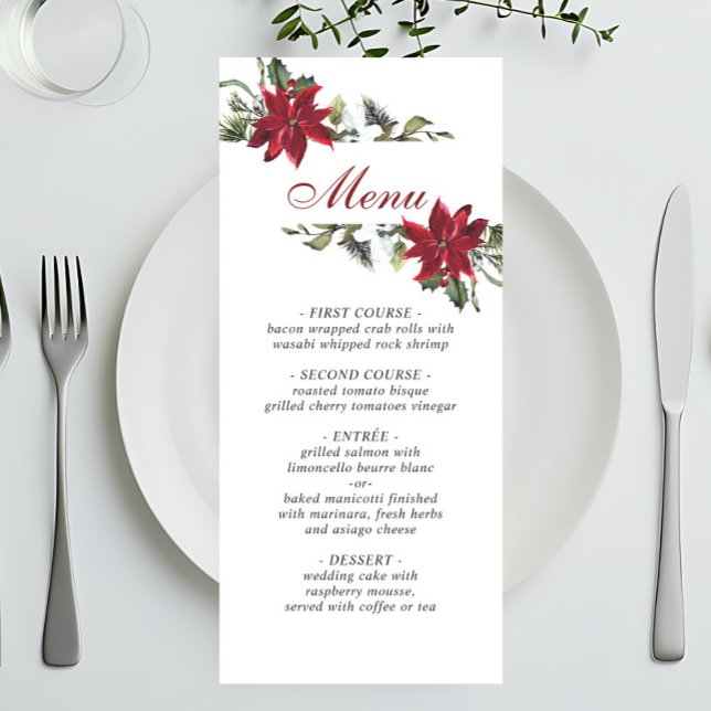 Menu Élégant Noël Rouge Poinsettia Mariage Dîner (Créateur téléchargé)