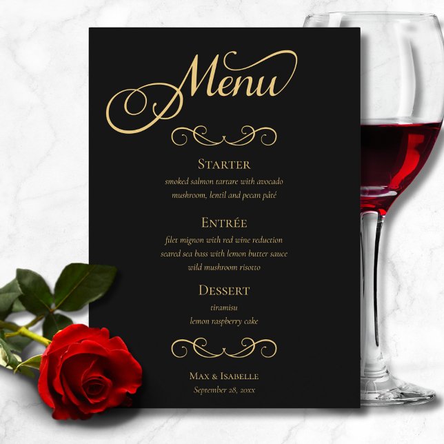 Menu Élégant Noir Calligraphie Mariage de script (elegant black and gold calligraphy script menu for wedding dinner, rehearsal dinner engagement party)