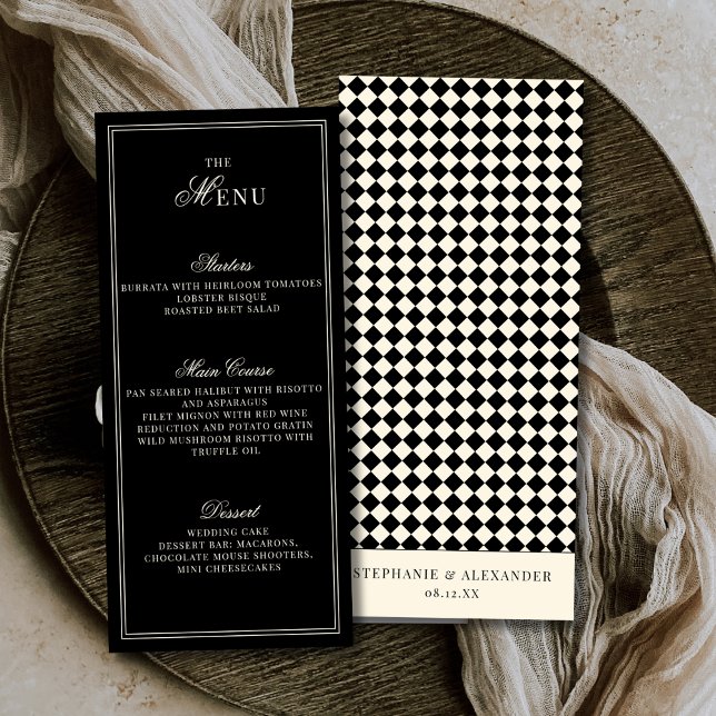 Menu Elegant Old Money Black Ivory Checkered Wedding (Créateur téléchargé)