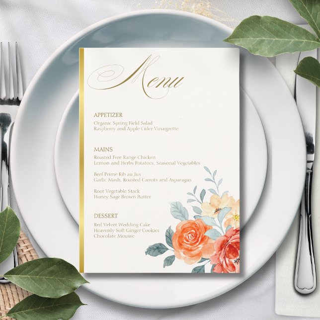 Menu Élégant or Blush Floral Script Mariage (Créateur téléchargé)