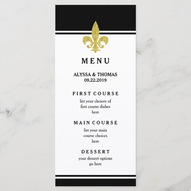 Menu élégant or Fleur de Lis noir et blanc (Devant)