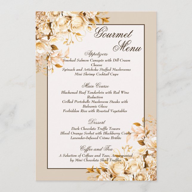 Menu Elégant or & ivoire Floral Mariage Gourmet (Devant)