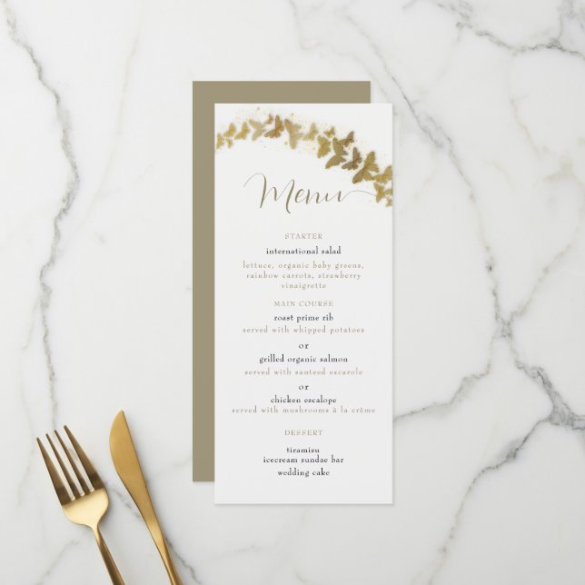 Menu Élégant Papillons Or Boho Chic Mariage Classy (Devant/Arrière en situation)