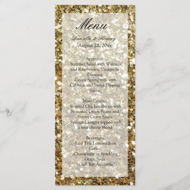 Menu Elégant Parties scintillant or Mariage imprimé (Devant)