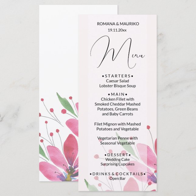 Menu Elégant Pays Aquarelle Art Floral Rose (Devant / Derrière)