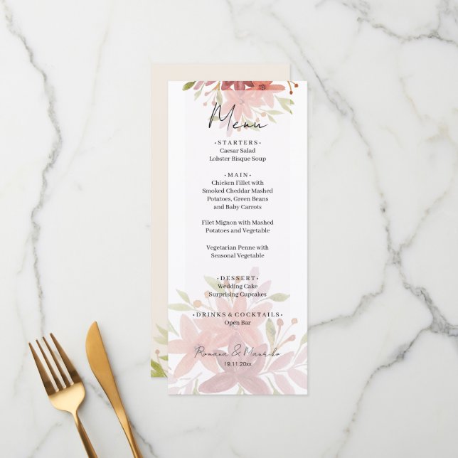 Menu Elégant Pays Aquarelle Floral Terracotta Blush (Devant/Arrière en situation)