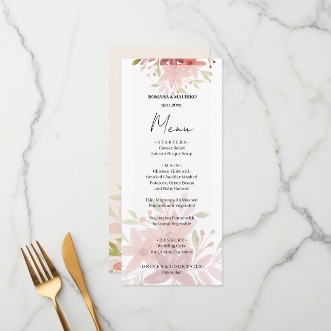 Menu Elégant Pays Aquarelle Floral Terracotta Blush (Devant/Arrière en situation)