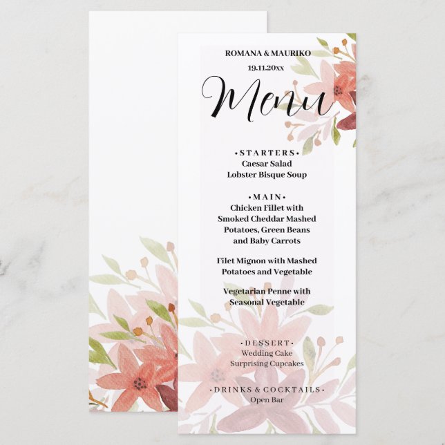Menu Elégant Pays Aquarelle Floral Terracotta Blush (Devant / Derrière)