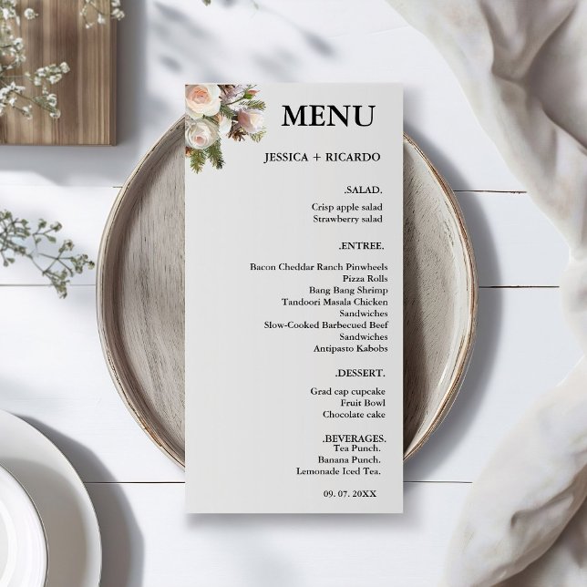 Menu Elégant Peach Pink Boho Aquarelle d'hiver Mariage  (Créateur téléchargé)