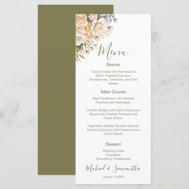 Menu Elegant Pearl White et ivoire Rose Mariage (Devant / Derrière)