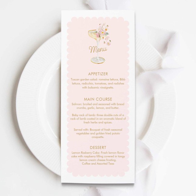 Menu Élégant Pétales et Fête des mariées de poursu (Pink Petals and Prosecco Menu Card)
