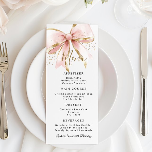Menu Elegant Pink Gold Coquette Bow Sweet 16th Birthday (Elegant Coquette pink and gold bow Menu card)