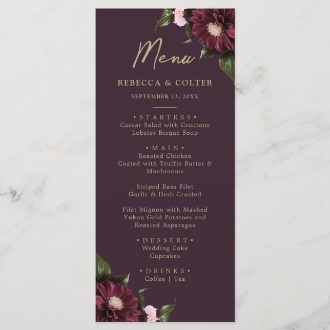 Menu Élégant Plum violet Bourgogne Mariage floral (Devant)