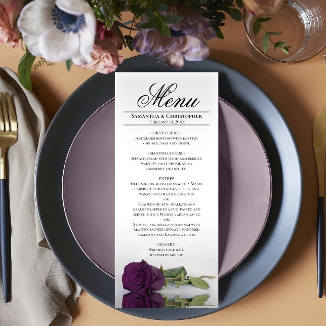 Menu Élégant Plum violet Rose Réflexions Mariage (In Situ on Plate)