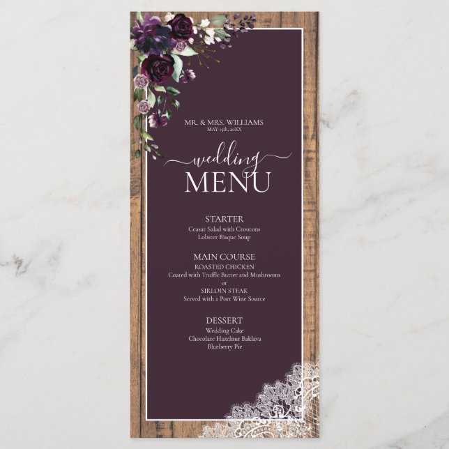 Menu Élégant Plum violet rustique Mariage Script (Devant)
