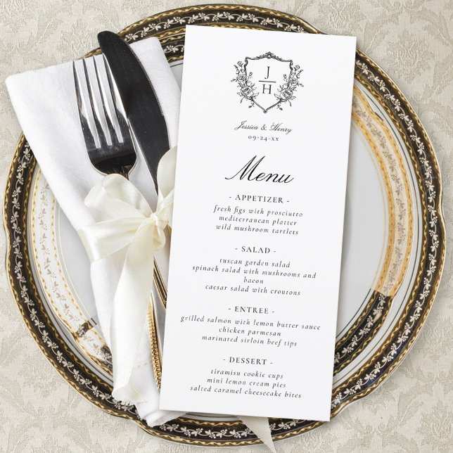 Menu Élégant régence Floral Crest Monogram Mariage (Créateur téléchargé)