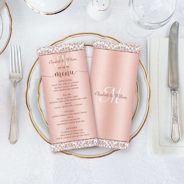 Menu Élégant Rose Gold Damask Monogram Mariage (Créateur téléchargé)