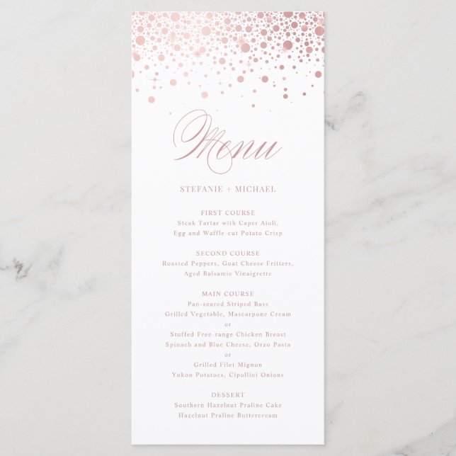 Menu Elégant Rose Gold Foil Confetti Mariage (Devant)