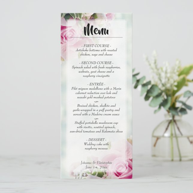 Menu Élégant rose Roses et Mariage de pivoine (Debout devant)