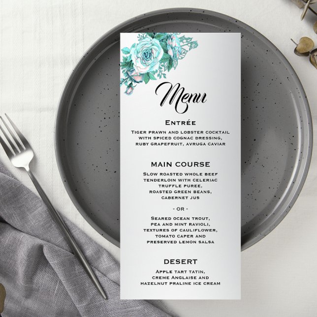 Menu Elégant Roses Aqua sur Mariage Argent (Créateur téléchargé)
