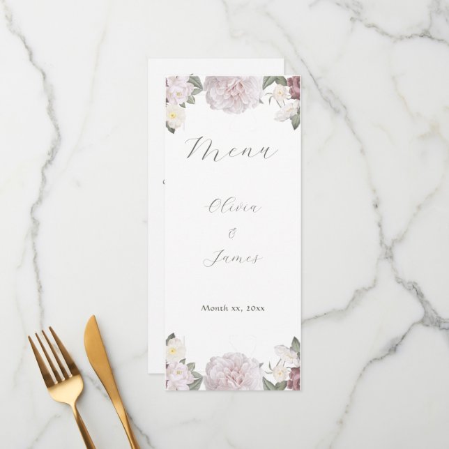 Menu Elégant Roses Rose Jardin Mariage (Devant/Arrière en situation)