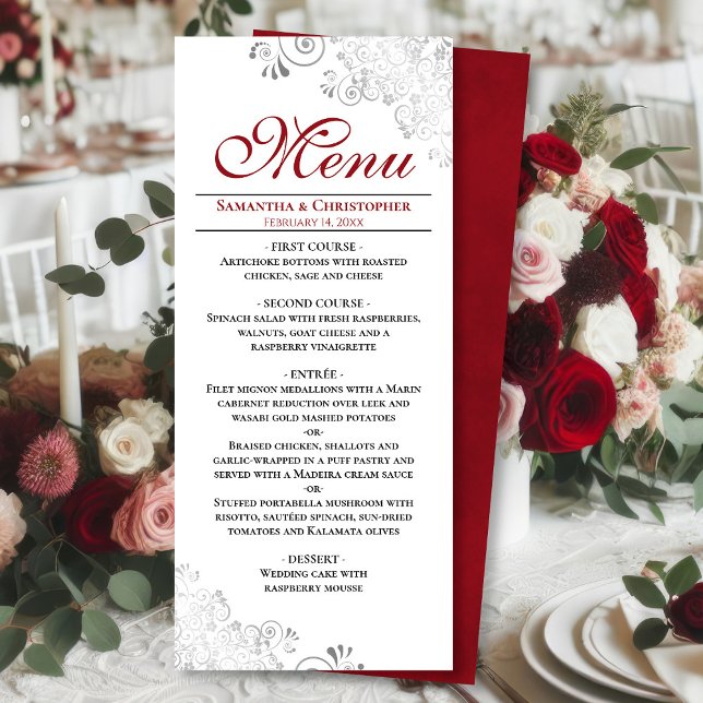 Menu Elégant rouge avec des torsades d'argent sur Maria (Front/Back)
