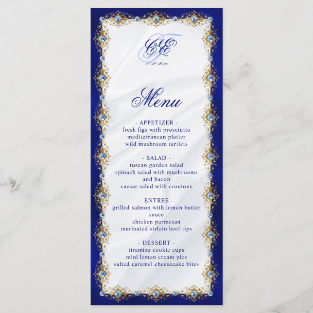 Menu Elegant Royal Blue Floral Monogram Wedding (Devant)
