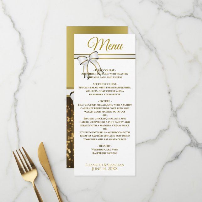 Menu Élégant Ruban Or & Mariage Festive Éperkles (Devant/Arrière en situation)