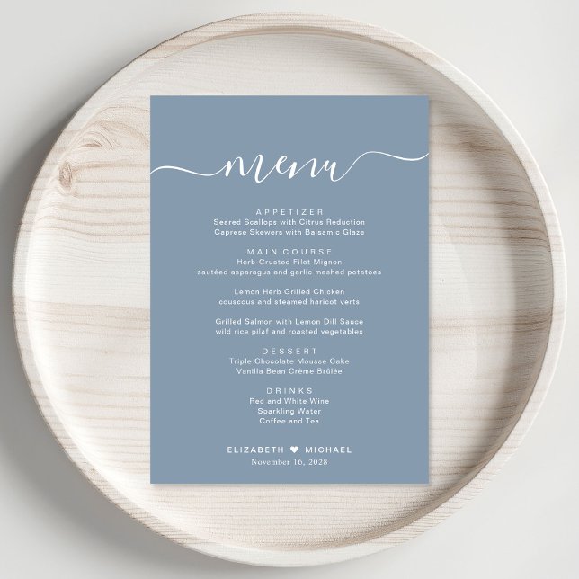 Menu Élégant Script Dusty Blue Wedding Réception (Créateur téléchargé)