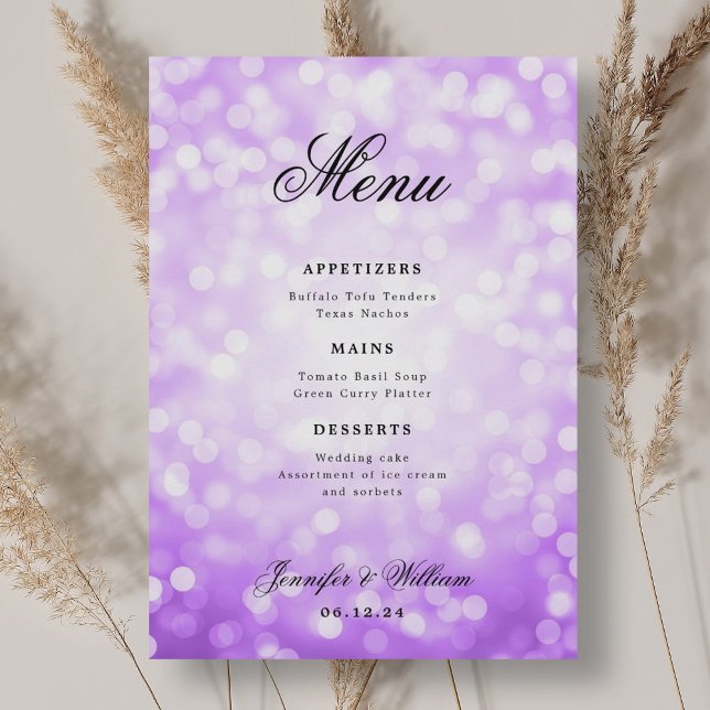 Menu Élégant Script Mariage Purple Bokeh Lumières (Elegant Script Wedding Purple Bokeh Lights Menu)