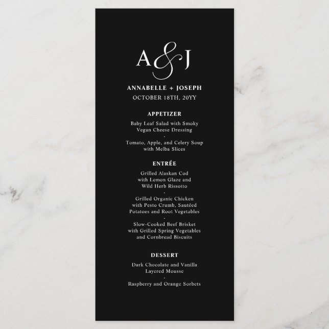 Menu Élégant Script Monogramme Formal Black Mariage (Devant)