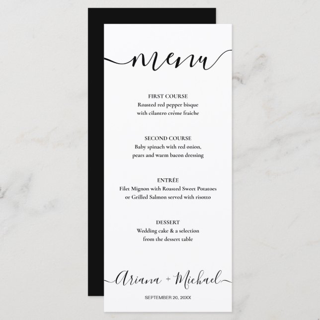 Menu Élégant Script noir blanc Mariage personnalisable (Devant / Derrière)