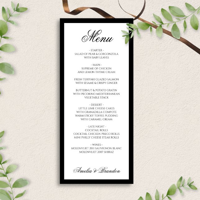 Menu Élégant script officiel Mariage noir et blanc (Créateur téléchargé)