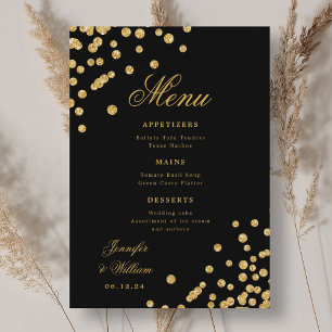 Menu Élégant Script Romantique Mariage Confetti Gold Bl