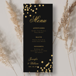 Menu Élégant Script Romantique Mariage Confetti Gold Bl