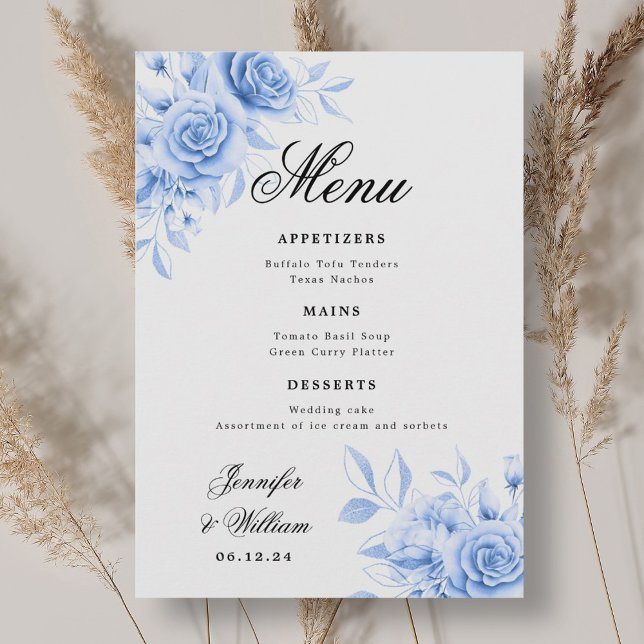 Menu Élégant Script Romantique Mariage Marine Floral (Elegant Script Romantic Wedding Navy Floral Menu)