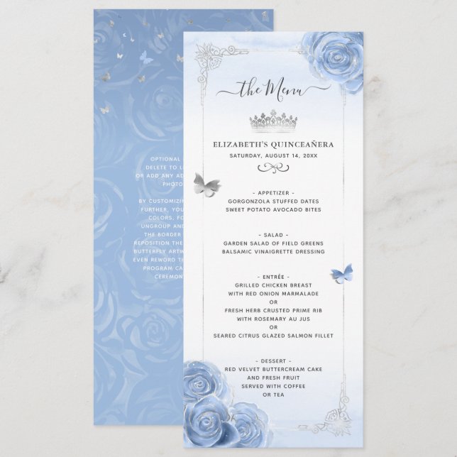Menu Elégant Silver Bleu clair Rose Aquarelle Floral (Devant / Derrière)