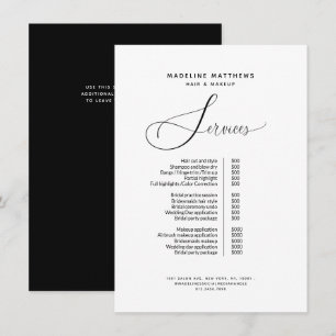 Menu Elégant Simple Black White Hair Salon Tarifs