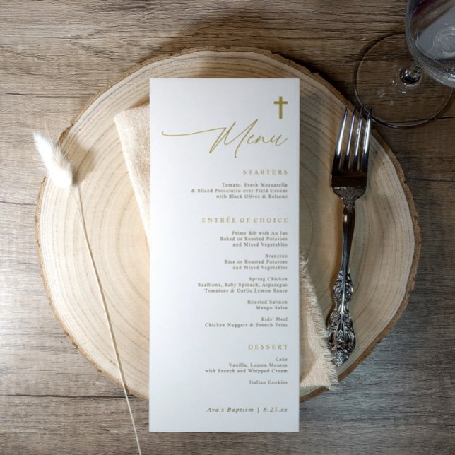 Menu Elegant Simple Gold Cross Modern Script Baptism (Elegant gold cross baptism menu with minimalist script and simple modern religious design)