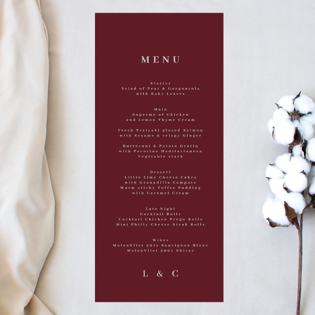 Menu Elégant simple marine bordeaux blanc Monogramme (Créateur téléchargé)