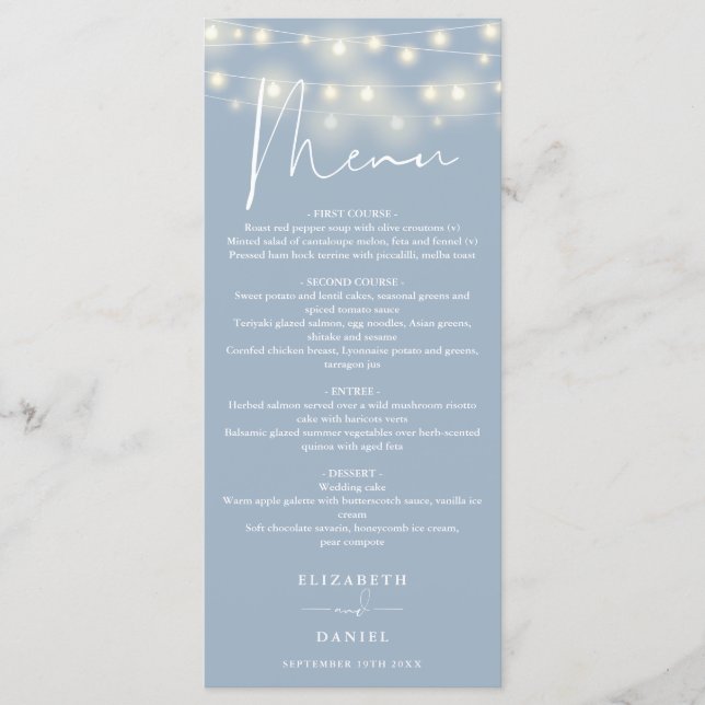 Menu Elegant String Lights Dusty Blue Wedding Dinner (Devant)
