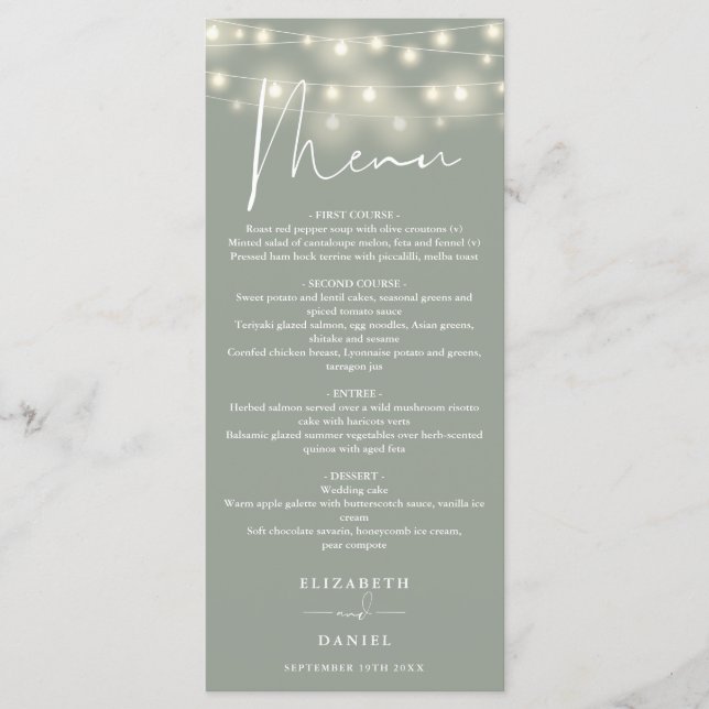 Menu Elegant String Lights Sage Green Wedding Dinner (Devant)