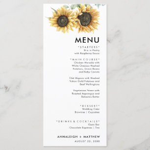 Menu Elégant tournesol Eucalyptus Mariage moderne